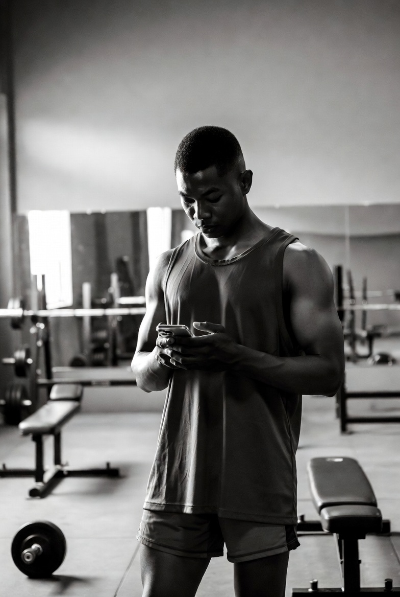 A lean, muscular young man in a tank top checking his phone between sets in an empty weight room — the quiet discipline of fasted training.