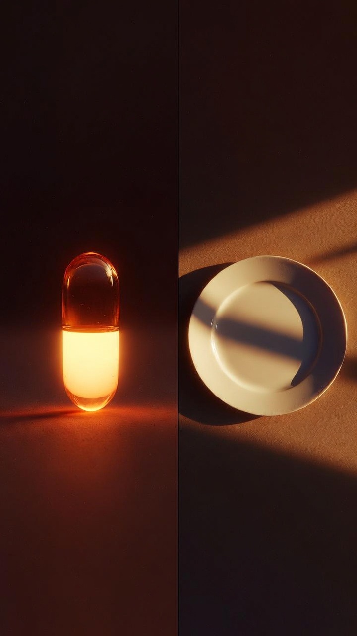 A glowing pill on the left, an empty plate on the right — the choice